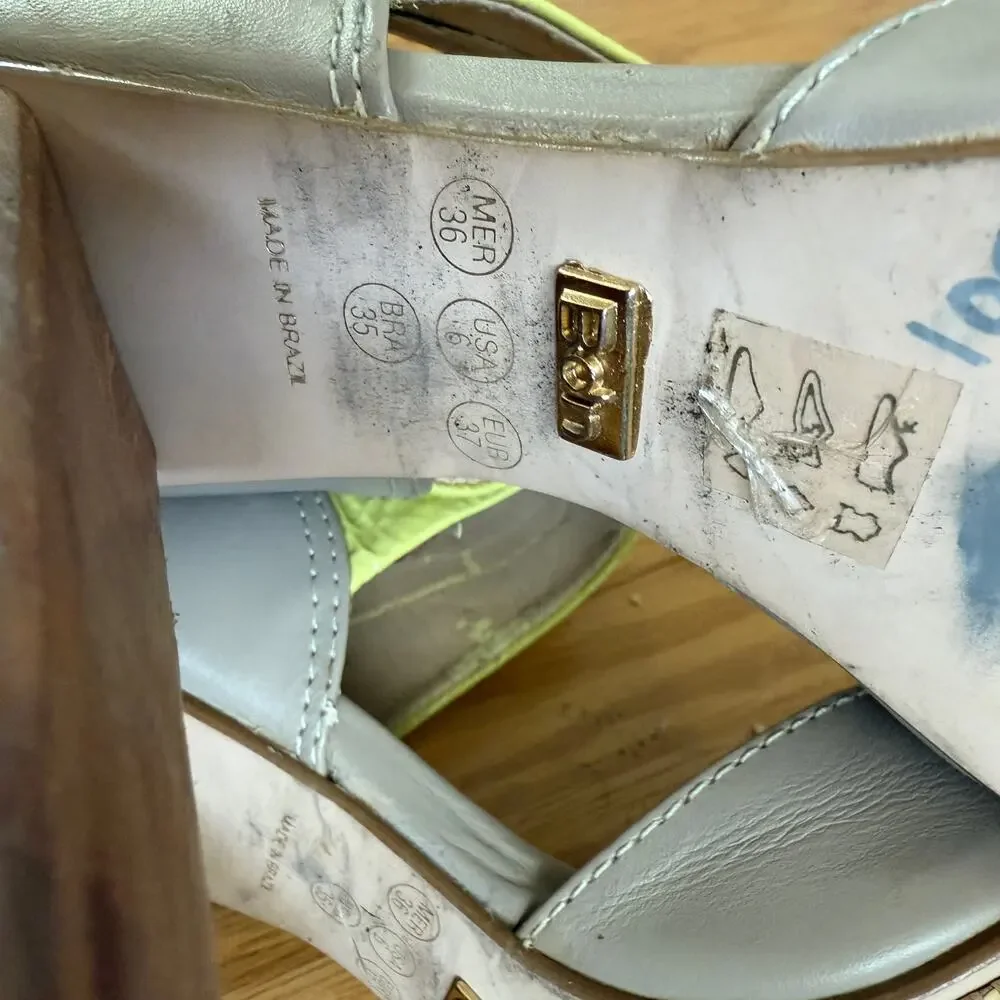 Biondini  sz‎ 6 Gray Yellow Sandals Open Toe Leather Ankle Strap platform heels